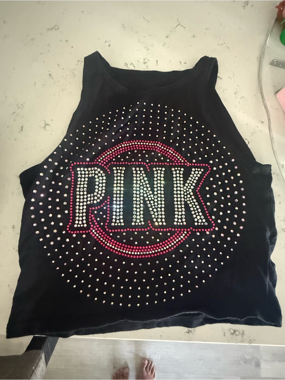 PINK Rhinestone Logo Black Tank